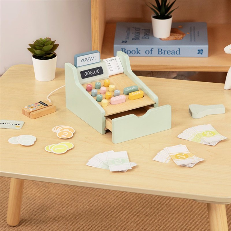 WOOPIE GREEN EKO Drevená pokladňa | Montessori sada Hra na obchod so skenerom a peniazmi (FSC)
