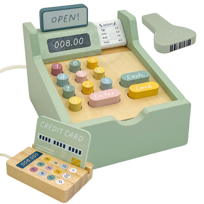 WOOPIE GREEN EKO Drevená pokladňa | Montessori sada Hra na obchod so skenerom a peniazmi (FSC)