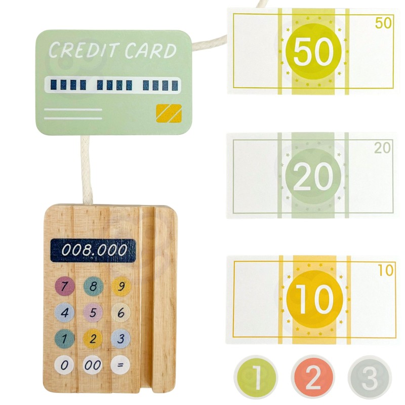 WOOPIE GREEN EKO Drevená pokladňa | Montessori sada Hra na obchod so skenerom a peniazmi (FSC)