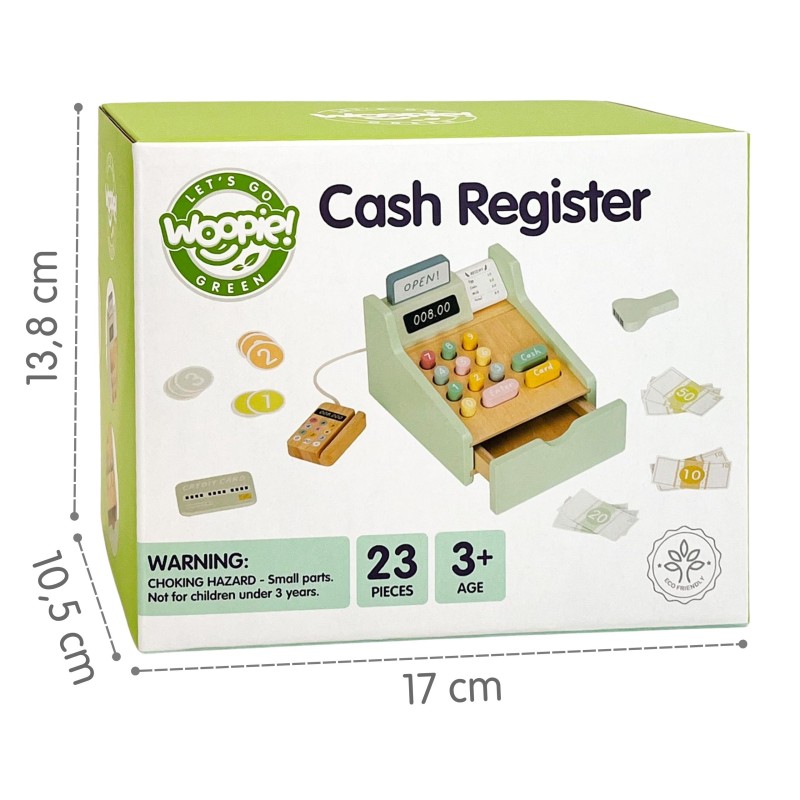 WOOPIE GREEN EKO Drevená pokladňa | Montessori sada Hra na obchod so skenerom a peniazmi (FSC)