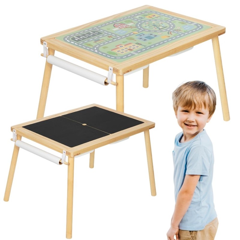 WOOPIE GREEN Kreatívny drevený stôl 4v1 | Kriedová tabuľa, Mapa mesta a rolka papiera