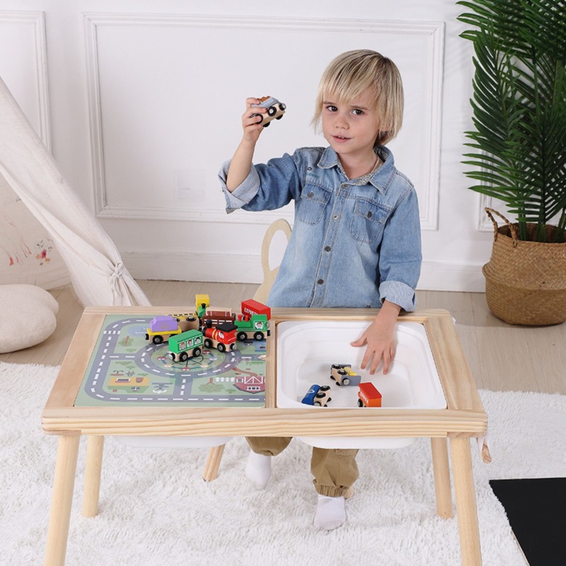 WOOPIE GREEN Kreatívny drevený stôl 4v1 | Kriedová tabuľa, Mapa mesta a rolka papiera