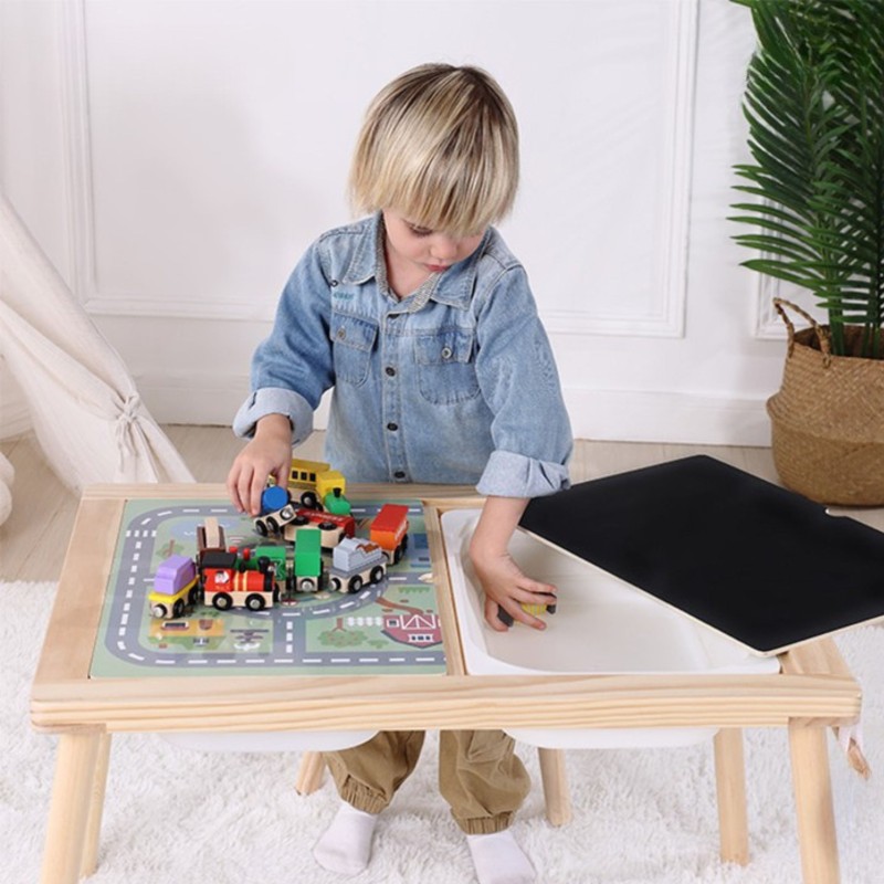 WOOPIE GREEN Kreatívny drevený stôl 4v1 | Kriedová tabuľa, Mapa mesta a rolka papiera