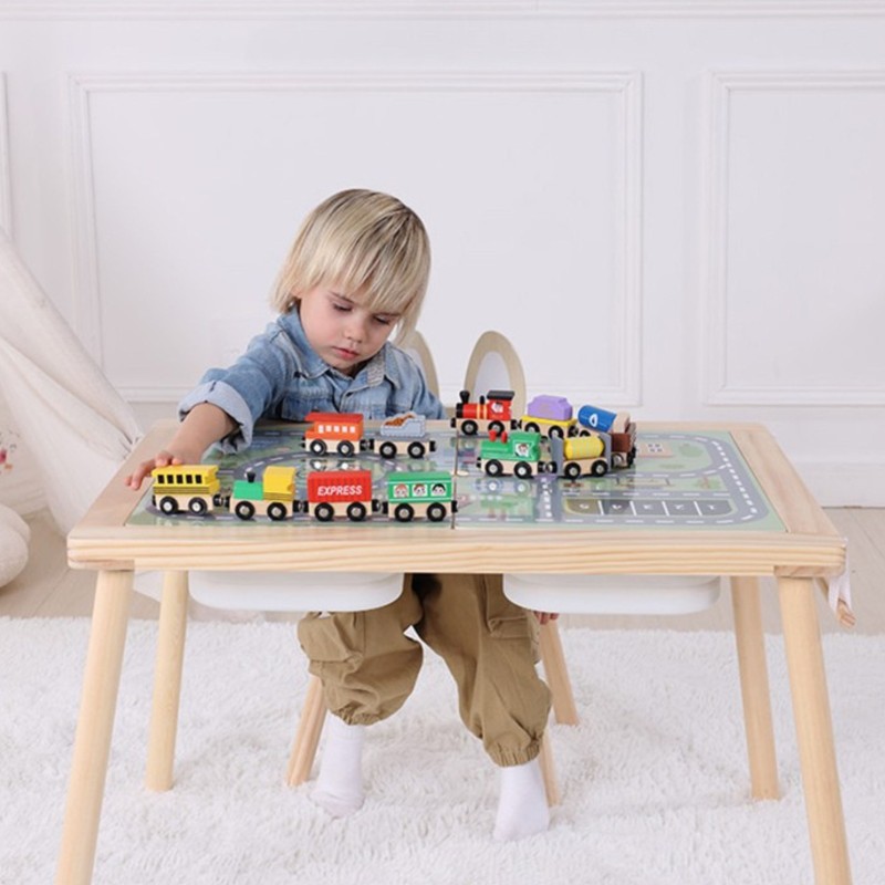 WOOPIE GREEN Kreatívny drevený stôl 4v1 | Kriedová tabuľa, Mapa mesta a rolka papiera