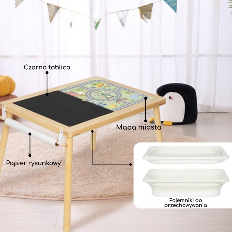 WOOPIE GREEN Kreatívny drevený stôl 4v1 | Kriedová tabuľa, Mapa mesta a rolka papiera