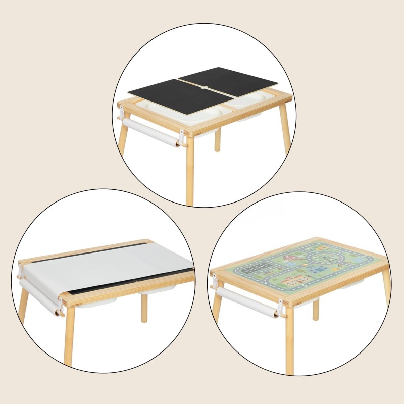 WOOPIE GREEN Kreatívny drevený stôl 4v1 | Kriedová tabuľa, Mapa mesta a rolka papiera