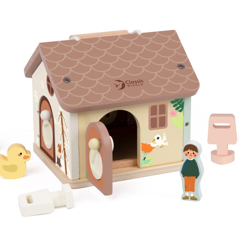 CLASSIC WORLD Drevený motorický domček so zámkami a kľúčikmi | Senzorická hračka 11 ks
