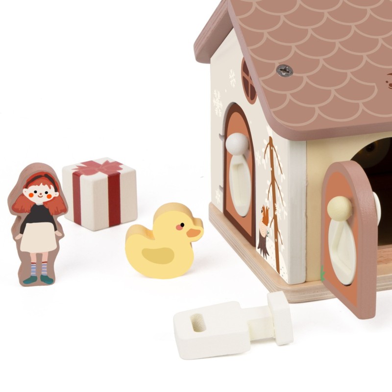 CLASSIC WORLD Drevený motorický domček so zámkami a kľúčikmi | Senzorická hračka 11 ks