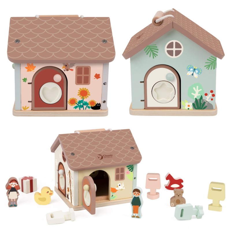 CLASSIC WORLD Drevený motorický domček so zámkami a kľúčikmi | Senzorická hračka 11 ks
