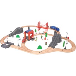 Tooky Toy Vláčiková dráha XXL – Hasiči a elektrický vlak (Drevená)