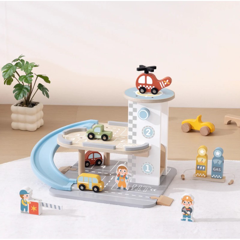 Tooky Toy Drevená parkovacia garáž | 3 poschodia, autíčka a heliport