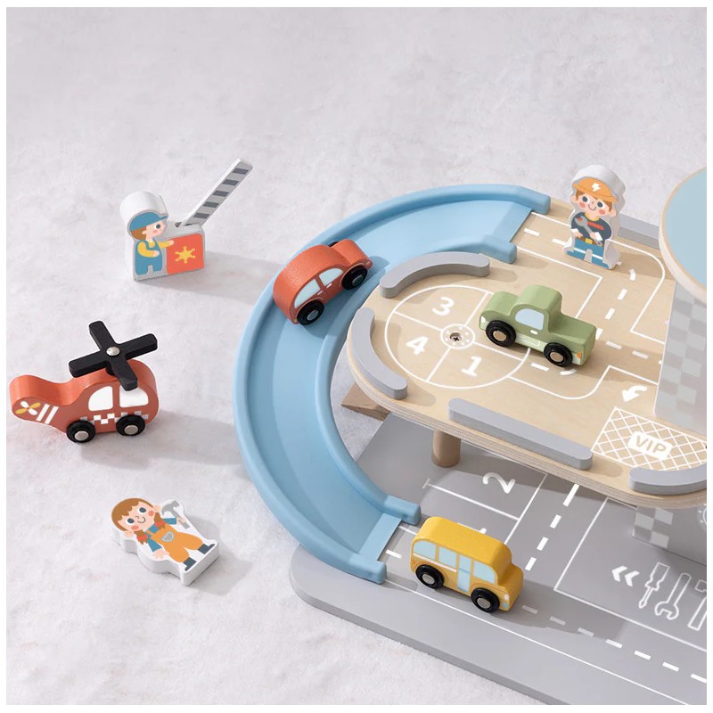 Tooky Toy Drevená parkovacia garáž | 3 poschodia, autíčka a heliport
