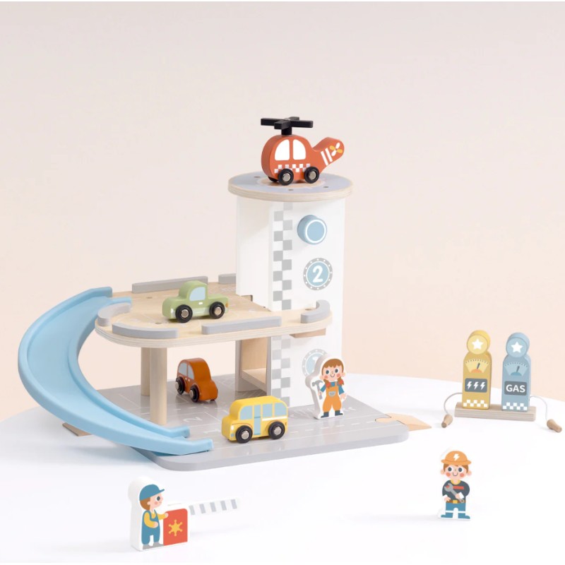 Tooky Toy Drevená parkovacia garáž | 3 poschodia, autíčka a heliport