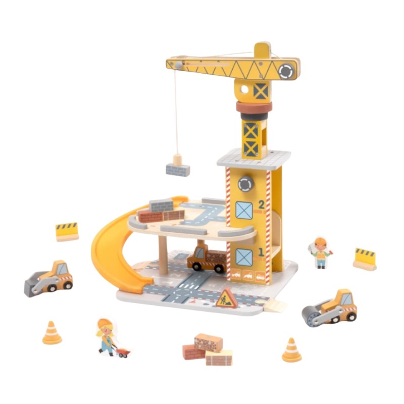 Tooky Toy Drevené stavenisko: Žeriav a stavebné autá | Veľká herná sada
