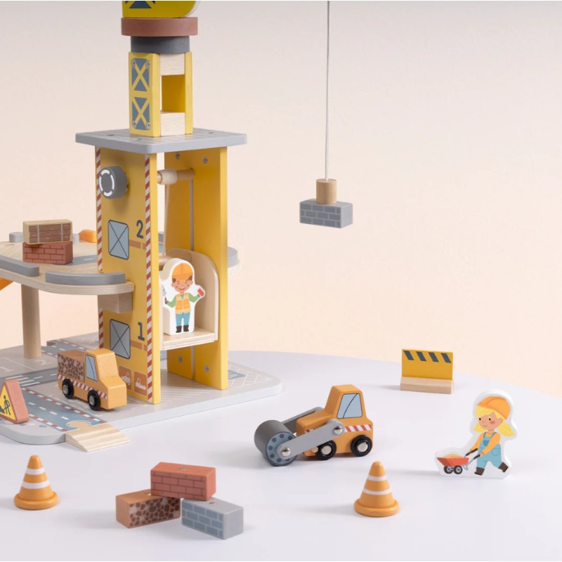Tooky Toy Drevené stavenisko: Žeriav a stavebné autá | Veľká herná sada