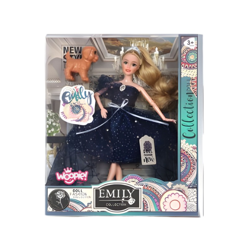 WOOPIE ROYAL Bábika Emi s korunkou | Elegantná princezná v tmavomodrej róbe so psíkom