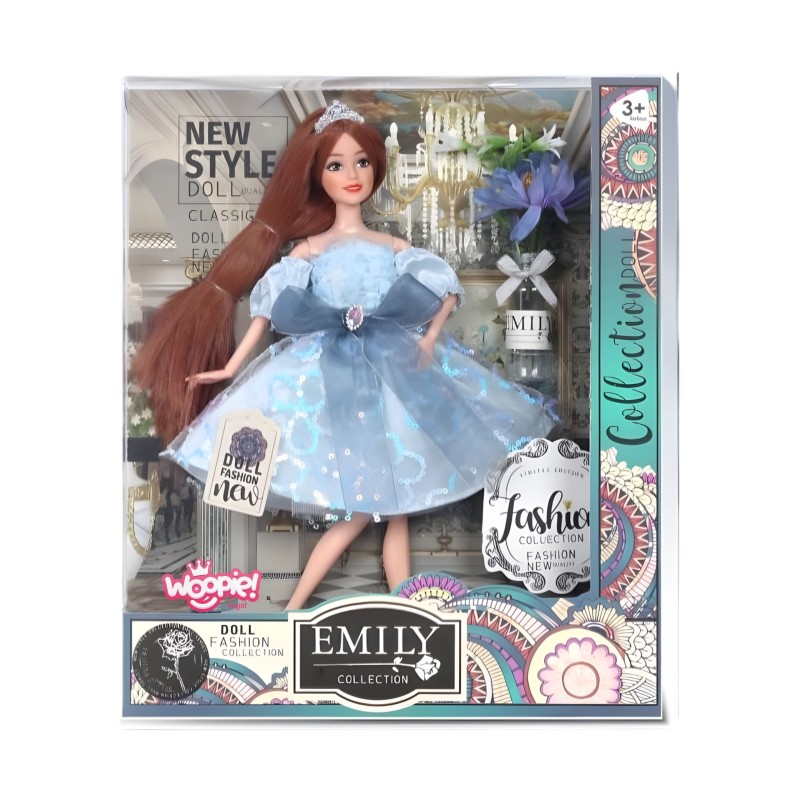 WOOPIE ROYAL Bábika Emi v modrých tylových šatách | Elegantná princezná s hnedými vlasmi a korunkou
