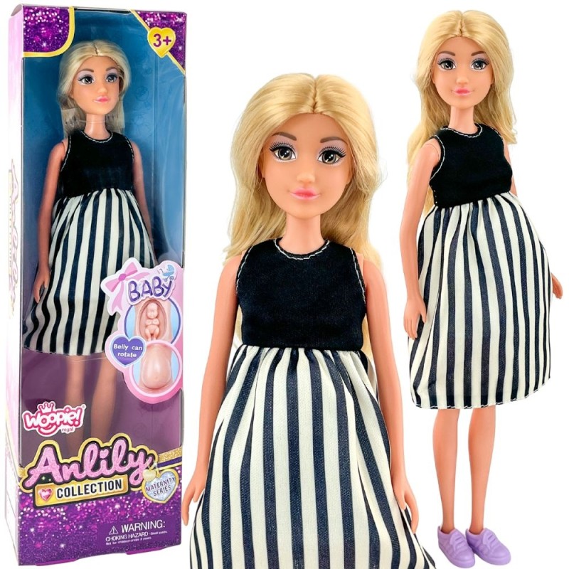 WOOPIE ROYAL Lalka Lily w Ciąży Sukienka w Czarno-białe Paski