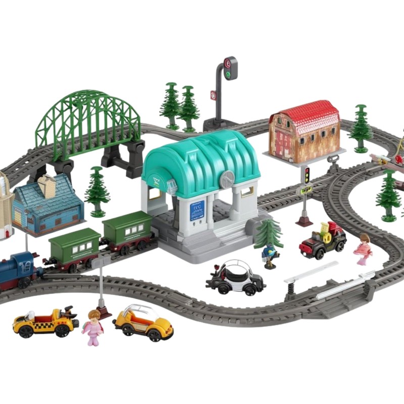 WOOPIE Elektrická vláčikodráha XXL Mestečko | Veľká sada s vláčikom, autíčkami a mostom (108 ks)