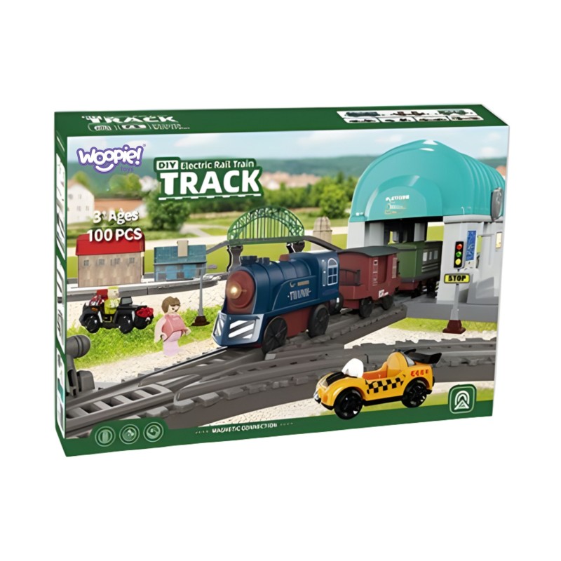 WOOPIE Elektrická vláčikodráha XXL Mestečko | Veľká sada s vláčikom, autíčkami a mostom (108 ks)