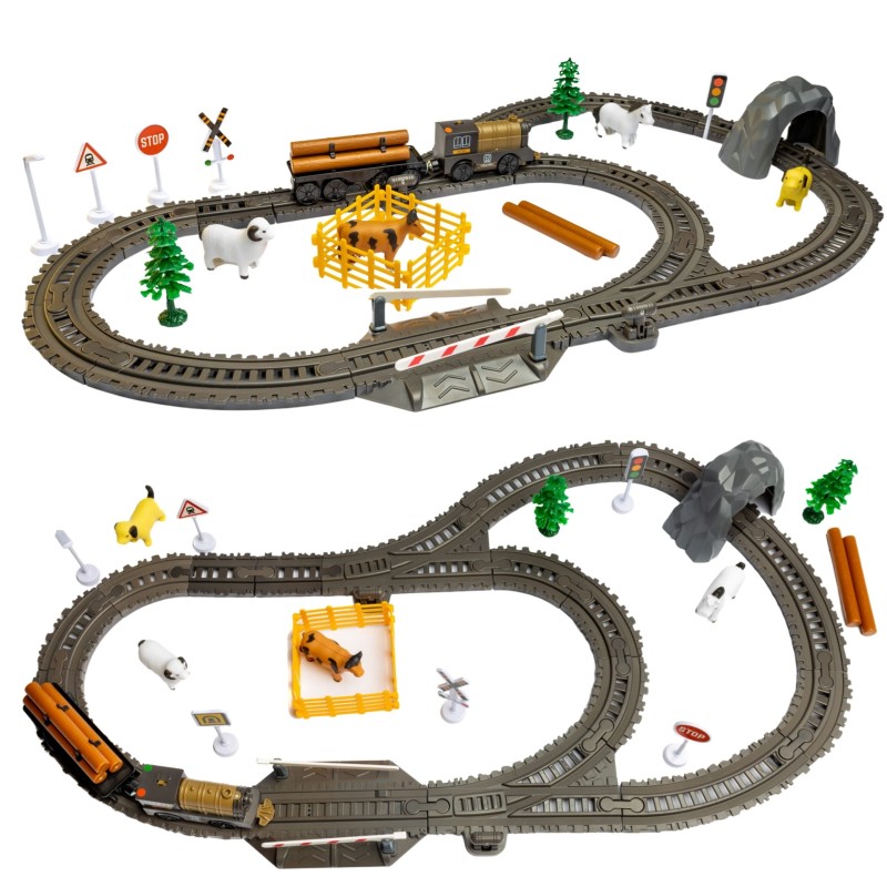 WOOPIE Elektrická vláčikodráha XL Farma | Retro lokomotíva so svetlom a výhybkami (66 ks)