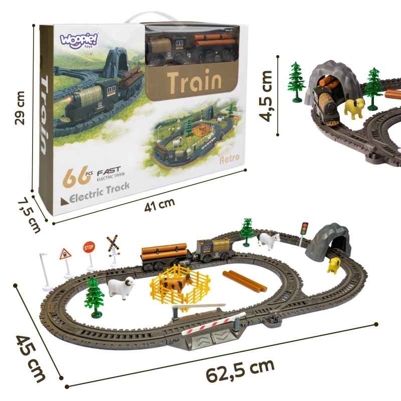 WOOPIE Elektrická vláčikodráha XL Farma | Retro lokomotíva so svetlom a výhybkami (66 ks)
