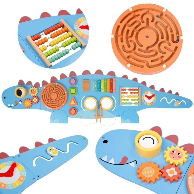 WOOPIE GREEN Drevený nástenný panel Dinosaurus | Montessori manipulačná tabuľa s aktivitami (FSC)