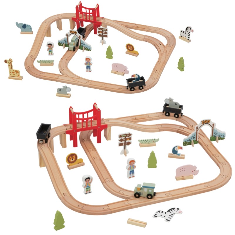 WOOPIE GREEN EKO Drevená vláčikodráha ZOO | XL Sada s vláčikom a zvieratkami (FSC 60 ks)