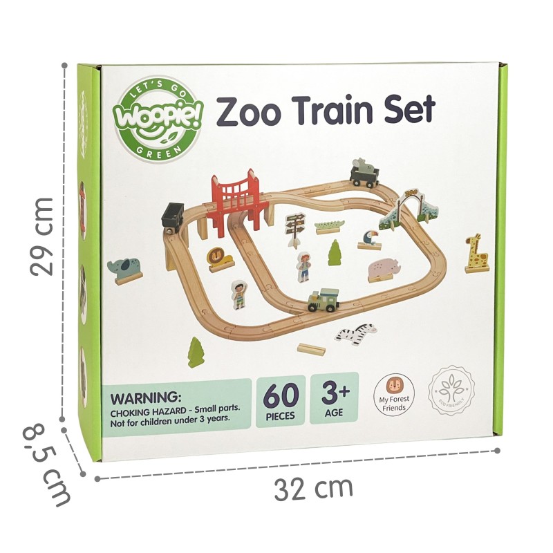 WOOPIE GREEN EKO Drevená vláčikodráha ZOO | XL Sada s vláčikom a zvieratkami (FSC 60 ks)