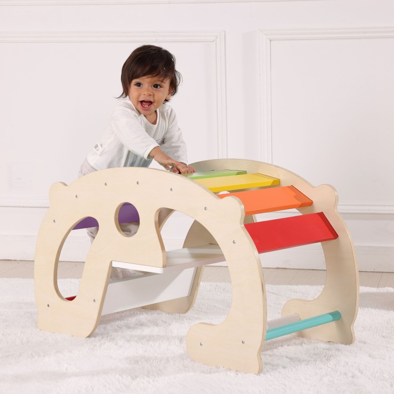 WOOPIE GREEN Dúhová Montessori hojdačka 2v1 | Drevená preliezka, mostík a tunel (FSC)