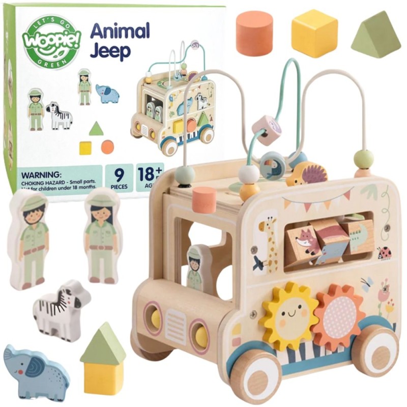 WOOPIE GREEN Drevené auto Safari | Aktivitná kocka a motorická hračka s labyrintom (FSC)