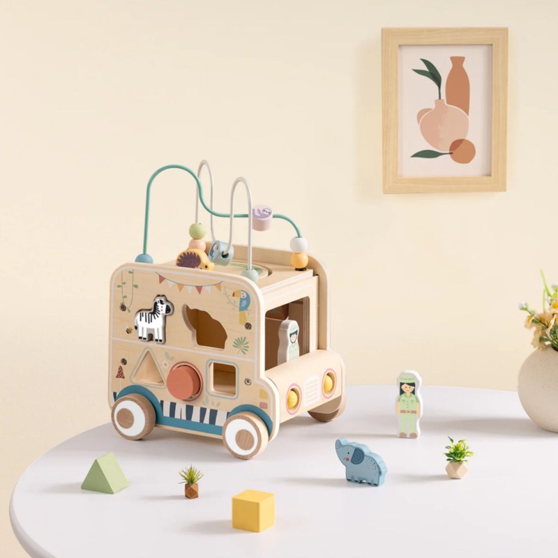 WOOPIE GREEN Drevené auto Safari | Aktivitná kocka a motorická hračka s labyrintom (FSC)