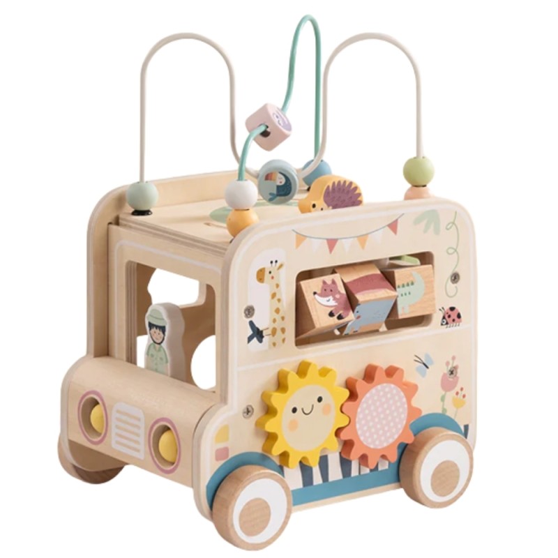 WOOPIE GREEN Drevené auto Safari | Aktivitná kocka a motorická hračka s labyrintom (FSC)