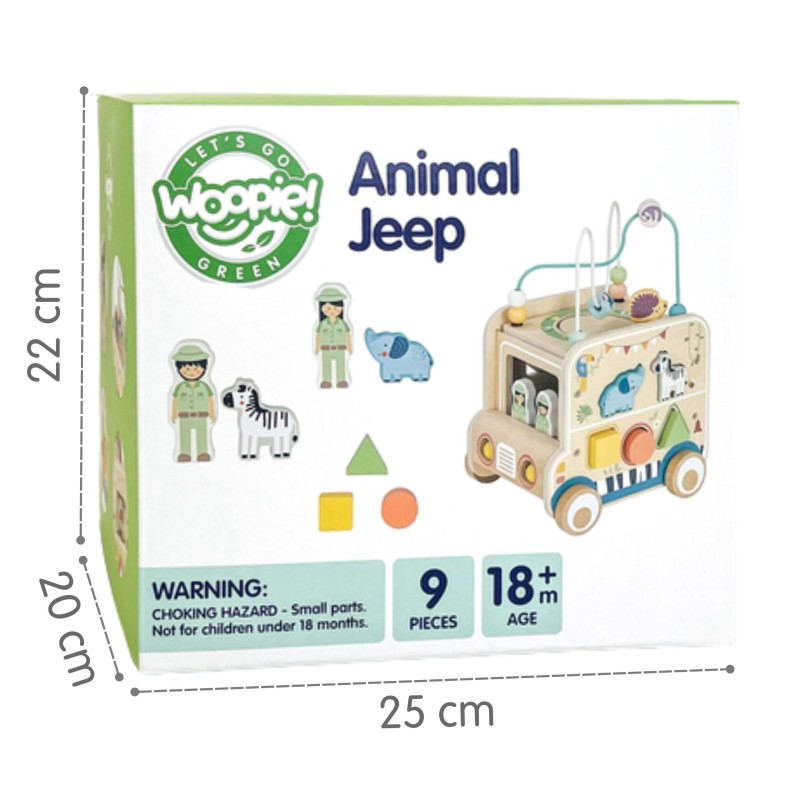 WOOPIE GREEN Drevené auto Safari | Aktivitná kocka a motorická hračka s labyrintom (FSC)