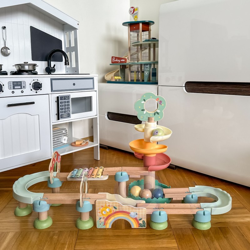 WOOPIE GREEN EKO Drevená guľôčková dráha so zvukom | Kaskáda s xylofónom a špirálou (FSC)