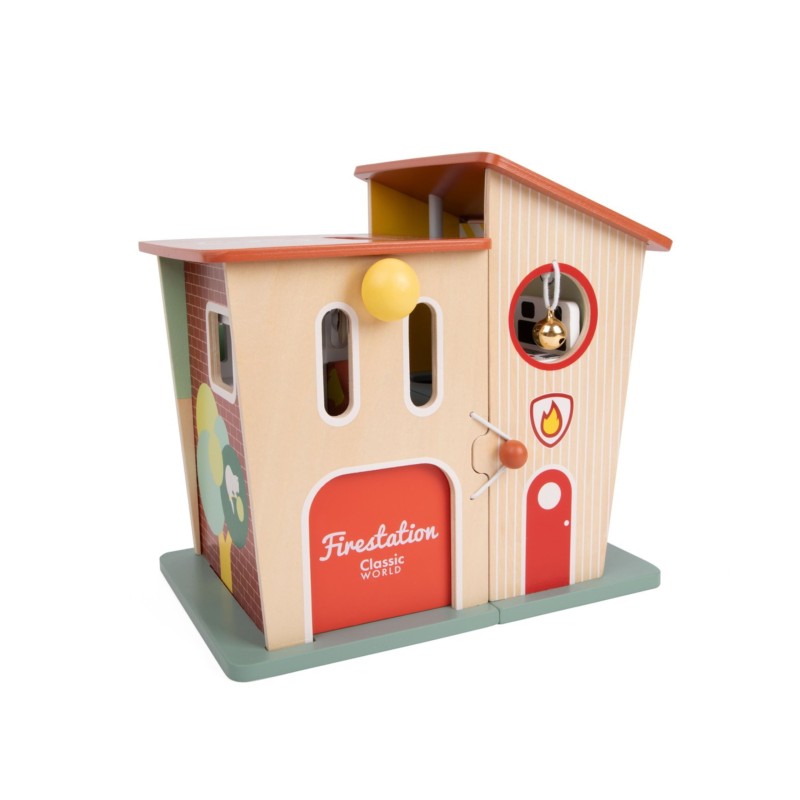 Classic World Drevená hasičská stanica | 13-dielny set s autom, vrtuľníkom a zvončekom