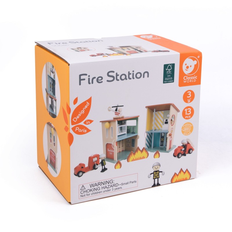 Classic World Drevená hasičská stanica | 13-dielny set s autom, vrtuľníkom a zvončekom