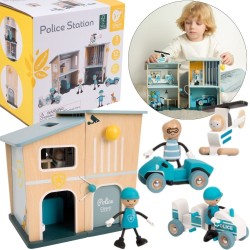 Classic World Drevená policajná stanica | 12-dielny set s autíčkami a vrtuľníkom