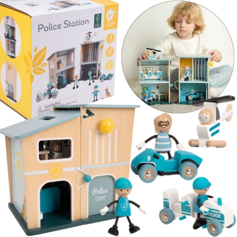 Classic World Drevená policajná stanica | 12-dielny set s autíčkami a vrtuľníkom