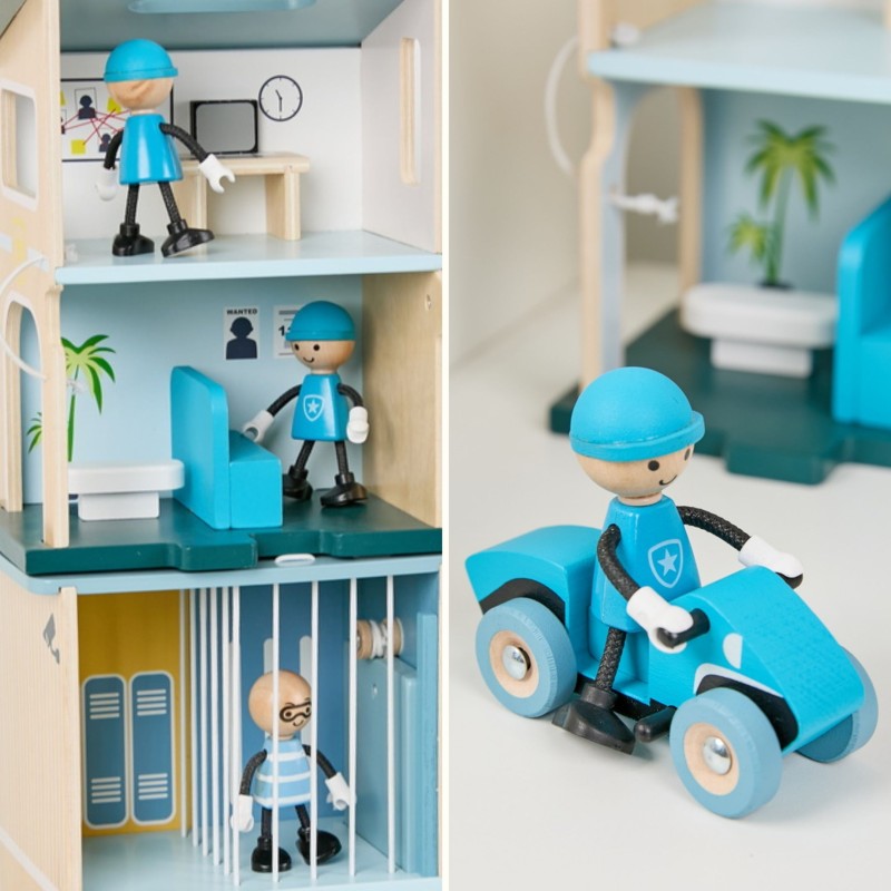 Classic World Drevená policajná stanica | 12-dielny set s autíčkami a vrtuľníkom