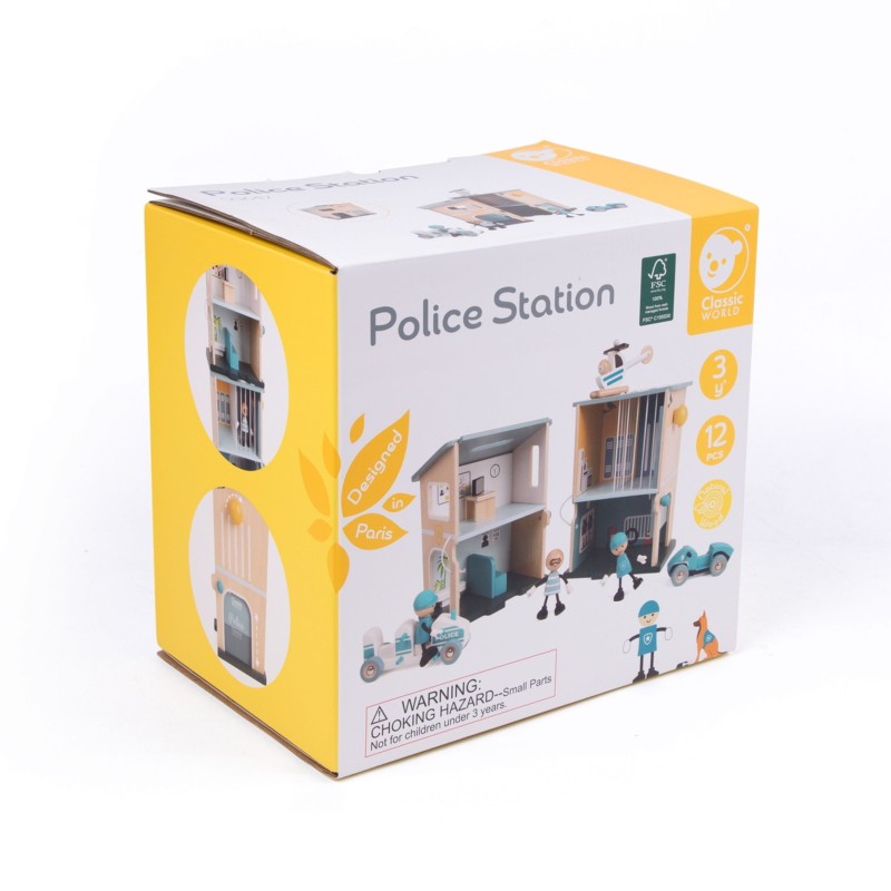 Classic World Drevená policajná stanica | 12-dielny set s autíčkami a vrtuľníkom
