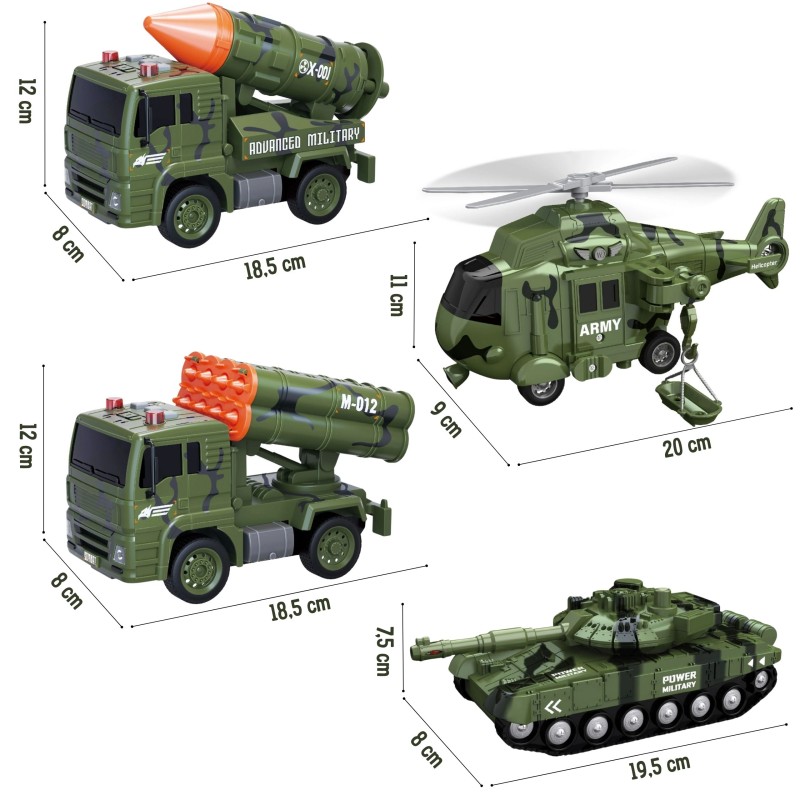 WOOPIE Sada vojenských vozidiel 1:20 | Tank, Vrtuľník a Raketomety so zvukom