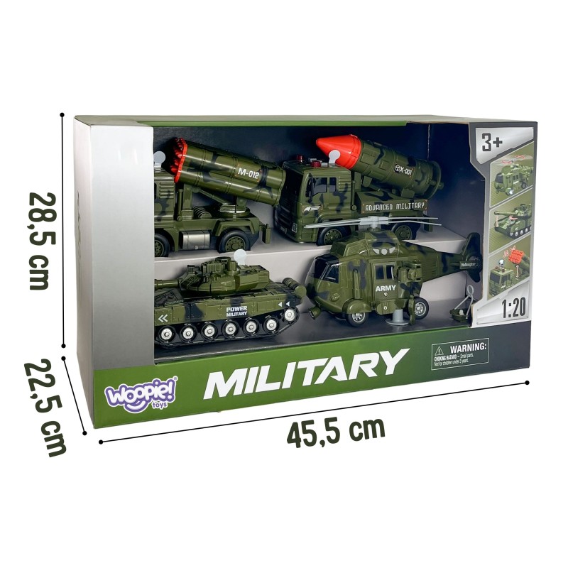 WOOPIE Sada vojenských vozidiel 1:20 | Tank, Vrtuľník a Raketomety so zvukom