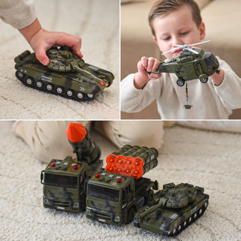 WOOPIE Sada vojenských vozidiel 1:20 | Tank, Vrtuľník a Raketomety so zvukom
