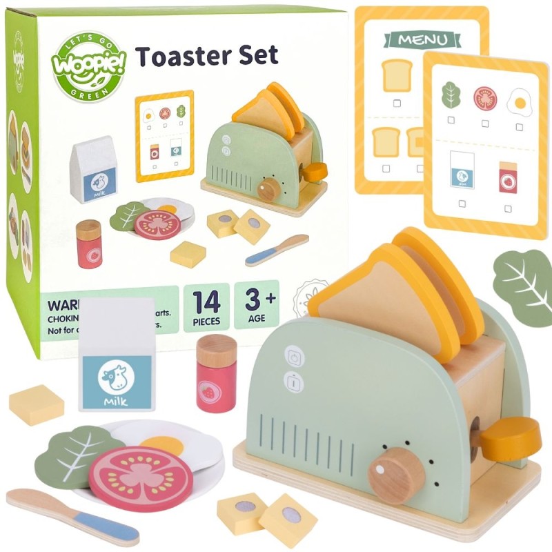 WOOPIE GREEN Drevený hriankovač (Toster) | Raňajkový set s potravinami (14 ks)