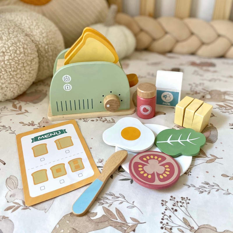 WOOPIE GREEN Drevený hriankovač (Toster) | Raňajkový set s potravinami (14 ks)