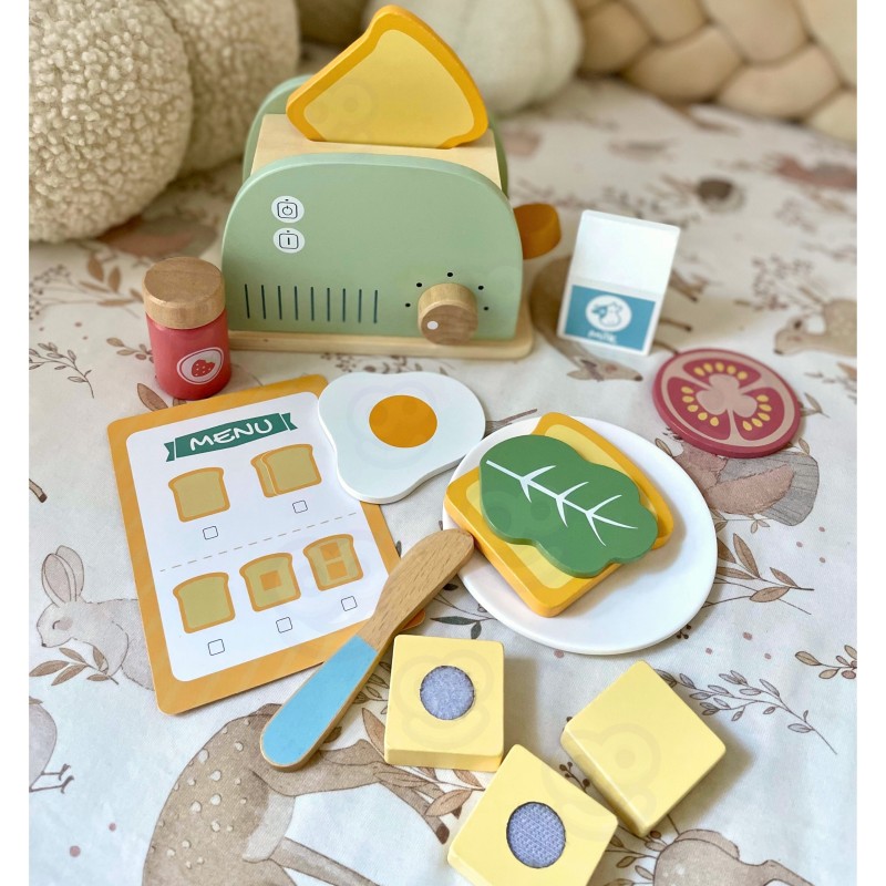 WOOPIE GREEN Drevený hriankovač (Toster) | Raňajkový set s potravinami (14 ks)
