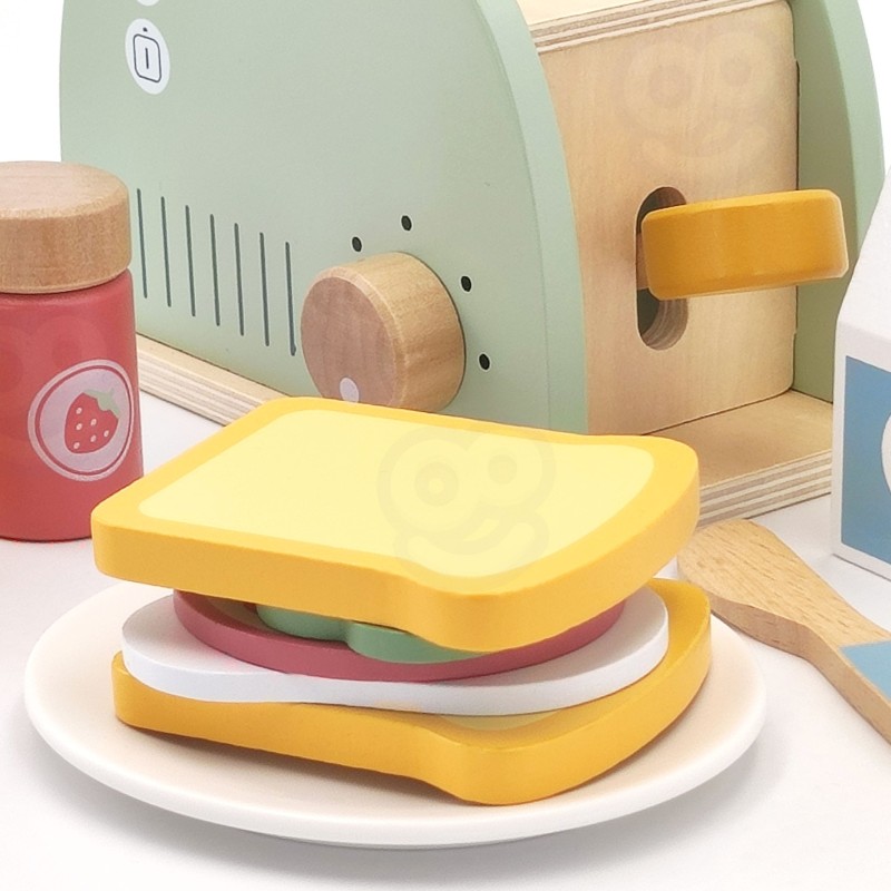 WOOPIE GREEN Drevený hriankovač (Toster) | Raňajkový set s potravinami (14 ks)