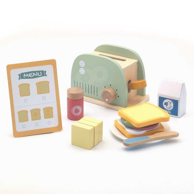 WOOPIE GREEN Drevený hriankovač (Toster) | Raňajkový set s potravinami (14 ks)