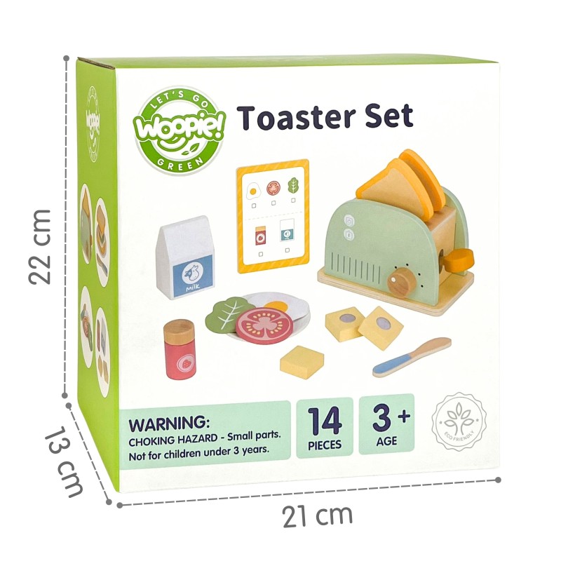 WOOPIE GREEN Drevený hriankovač (Toster) | Raňajkový set s potravinami (14 ks)